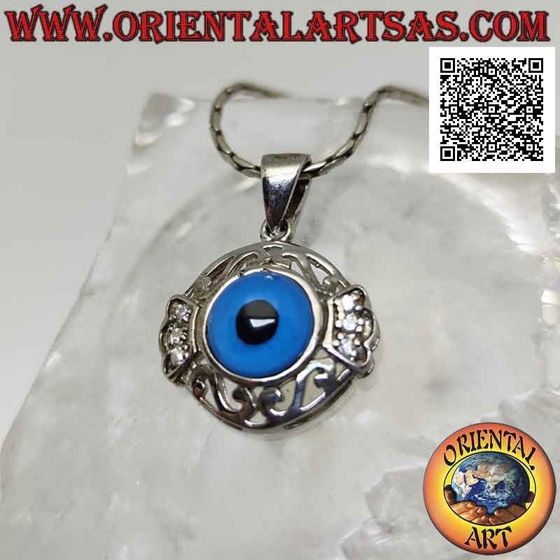 Ciondolo in argento, occhio di Allah contornato da greca traforata e corona di zirconi