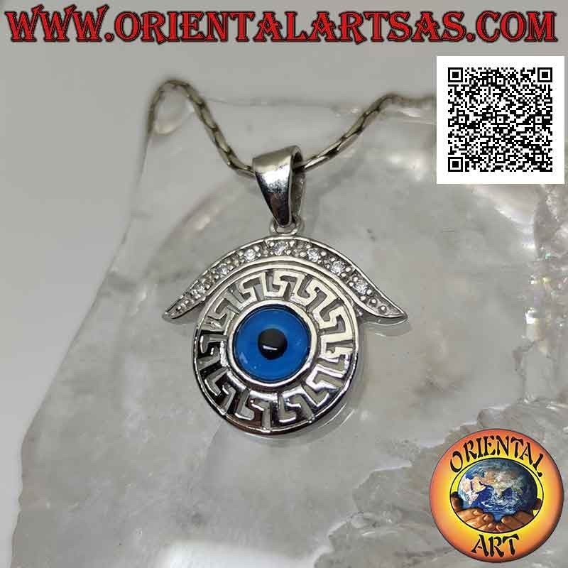 Pendentif en argent, oeil d'Allah entouré de sourcils perforés grecs et zircone cubique