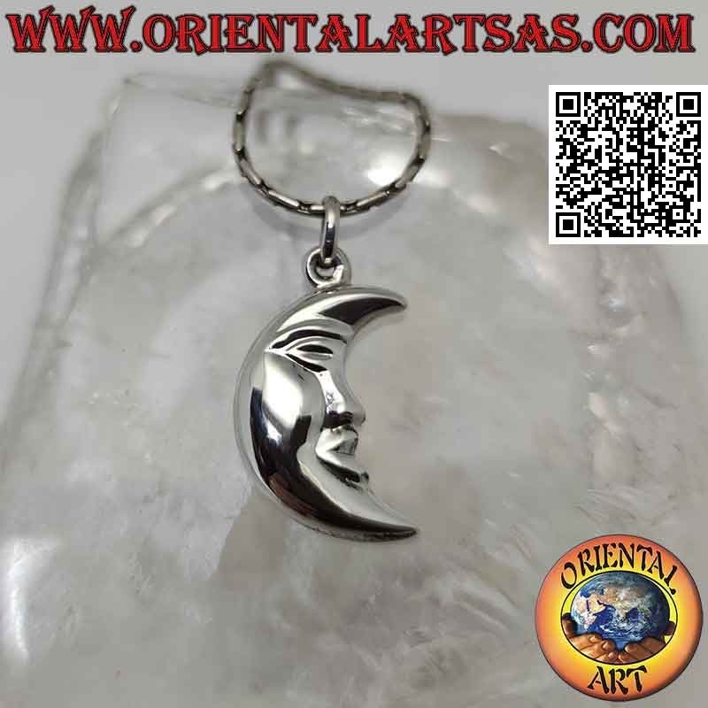 Pendentif en argent, croissant lisse avec visage en forme de double face (b)