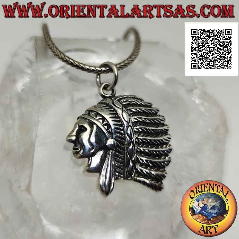 Silver pendant, profile of a native American Indian with feather headdress