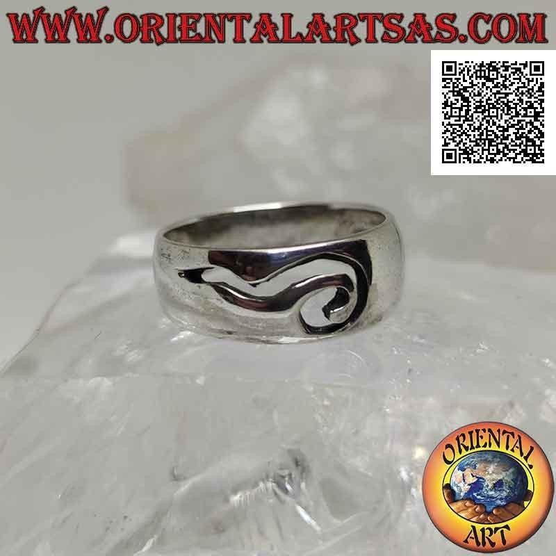 Silver ring with smooth slightly rounded band with abstract perforated question mark