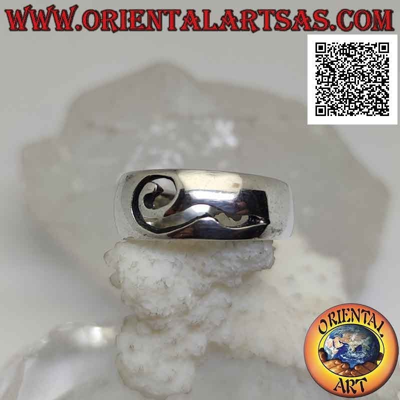 Bague en argent avec bande lisse légèrement arrondie avec point d'interrogation ajouré abstrait