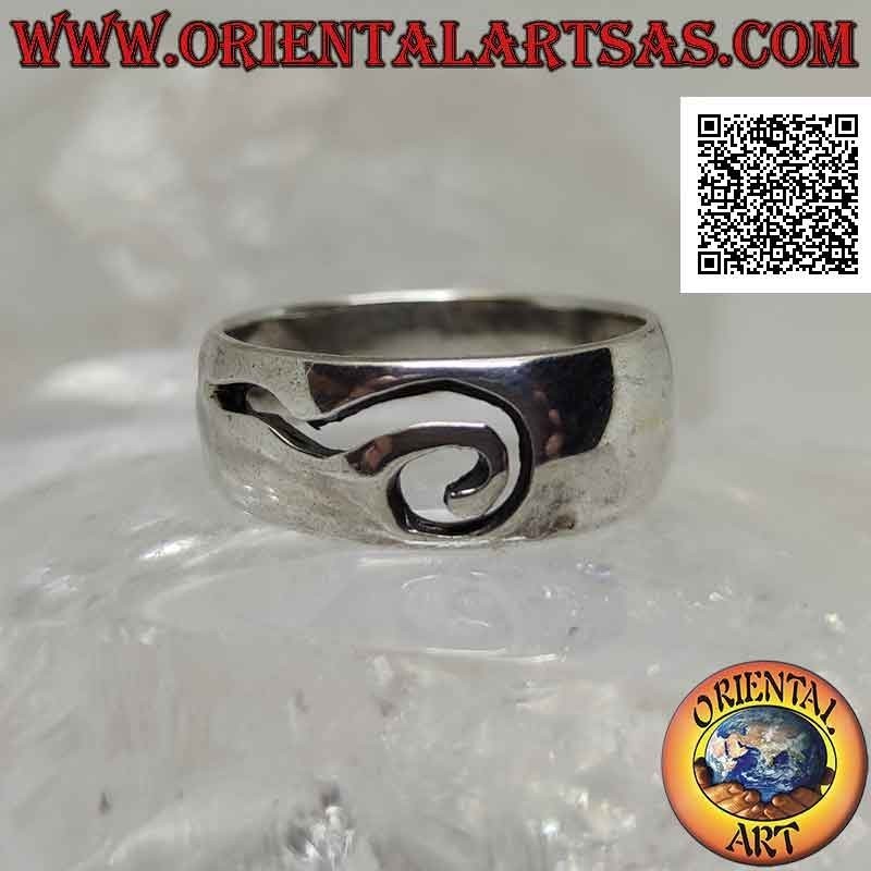 Silver ring with smooth slightly rounded band with abstract perforated question mark