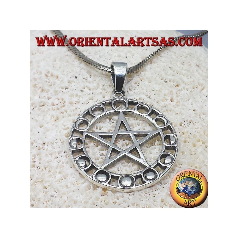 silver pendant, pentagram with lunar phases