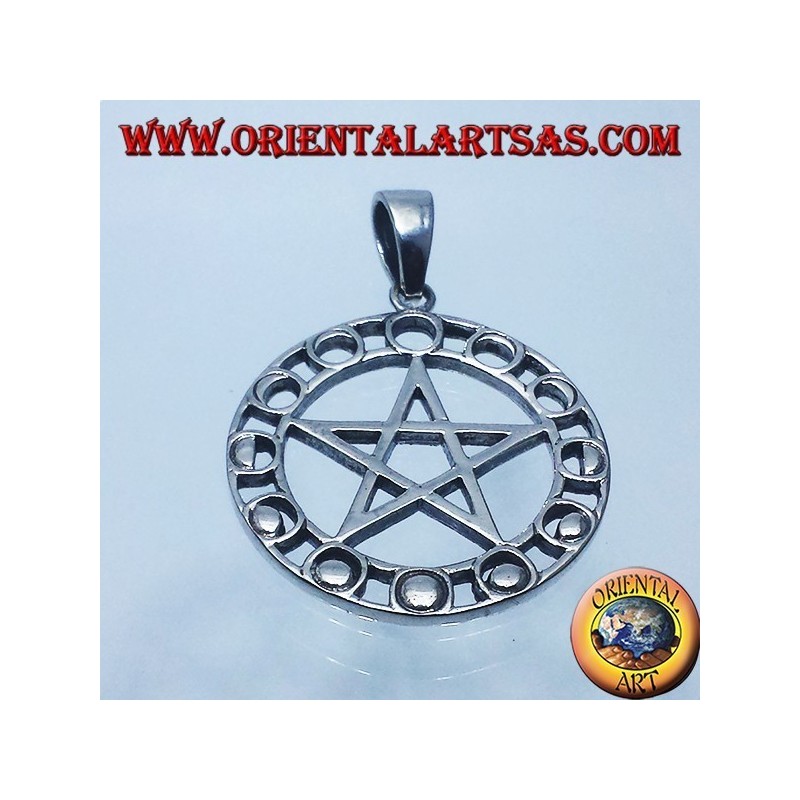 pendentif en argent, pentagramme avec des phases lunaires