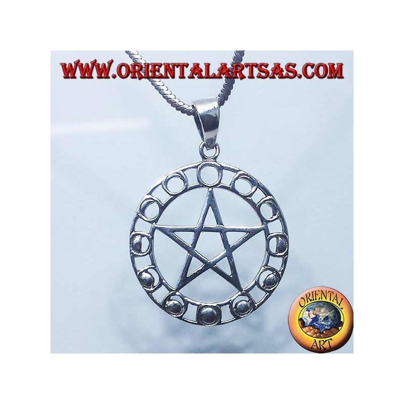 pendentif en argent, pentagramme avec des phases lunaires