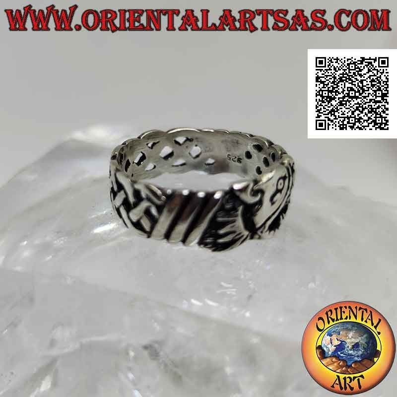 Silver ring with worked band, Celtic weave with pierced wolf's head