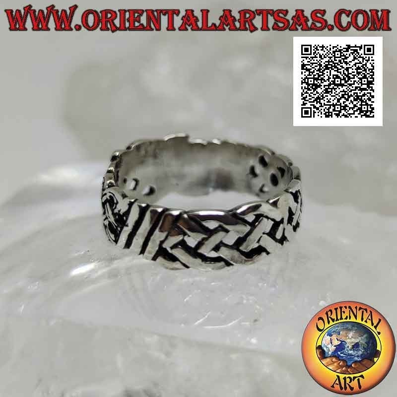 Silver ring with worked band, Celtic weave with pierced wolf's head