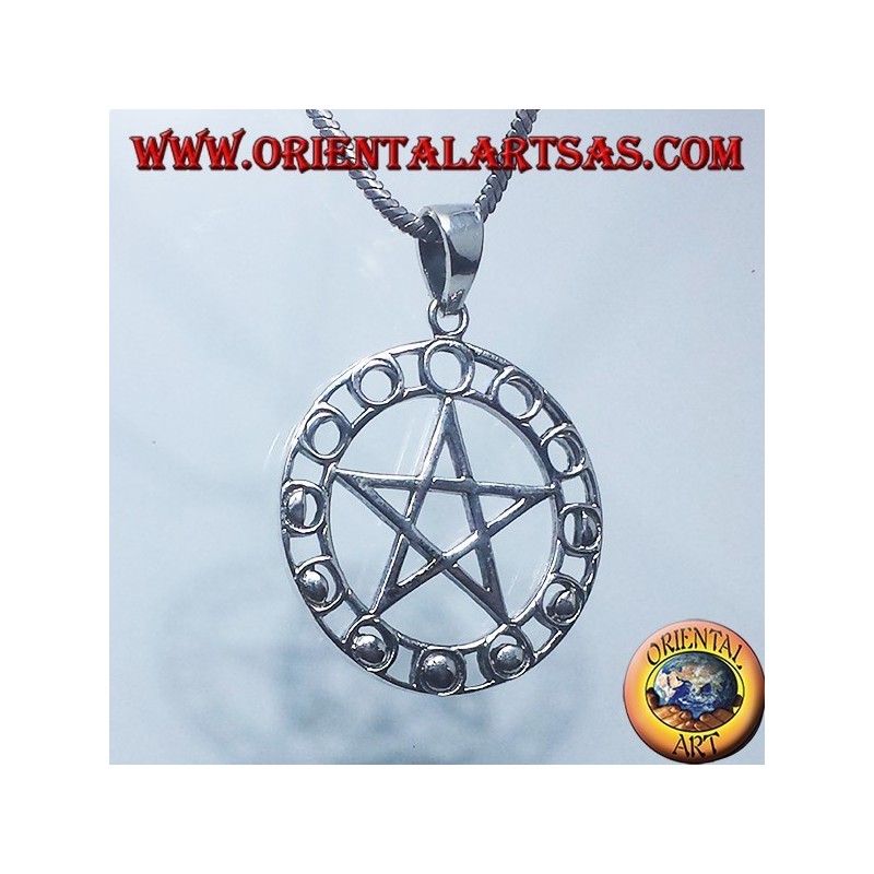 pendentif en argent, pentagramme avec des phases lunaires