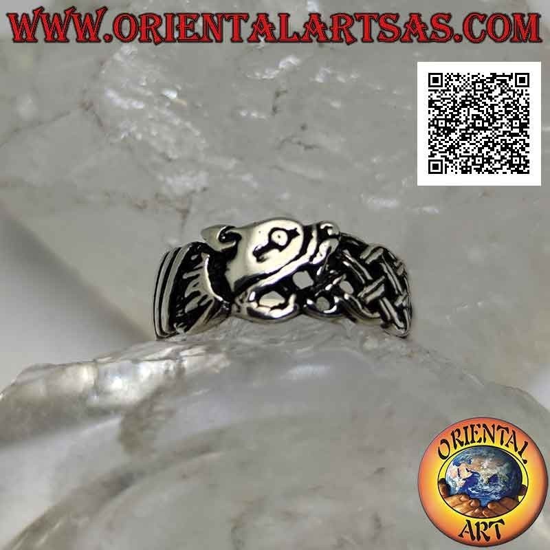 Silver ring with worked band, Celtic weave with pierced wolf's head