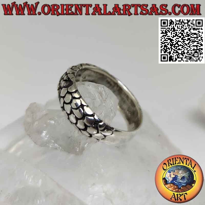 Silver ring with worked band, scaled dragon skin