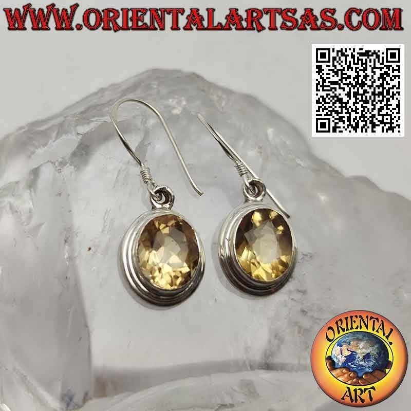 Boucles d'oreilles en argent avec topaze jaune naturelle ovale et double bord lisse