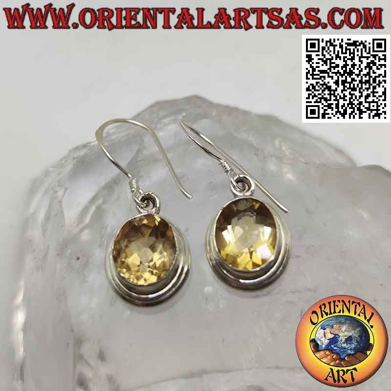 Boucles d'oreilles en argent avec topaze jaune naturelle ovale et double bord lisse