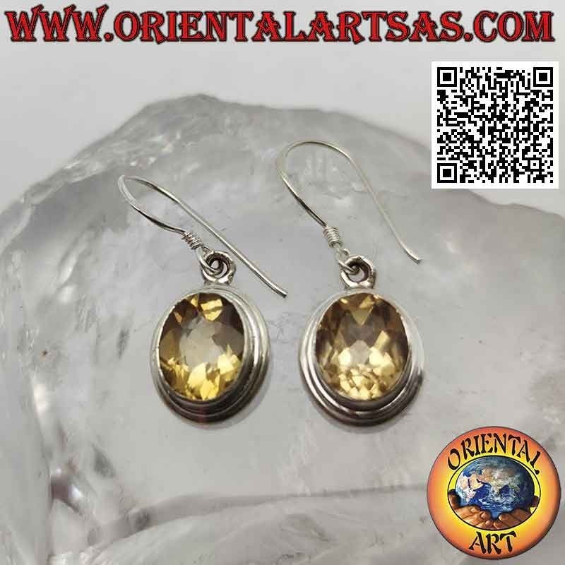 Silver earrings with oval natural yellow topaz and double smooth edge