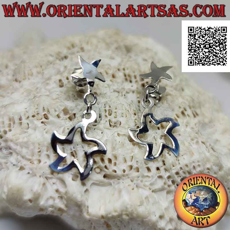 Orecchini in argento stella curva liscia piatta a lobo con contorno di stella pendente
