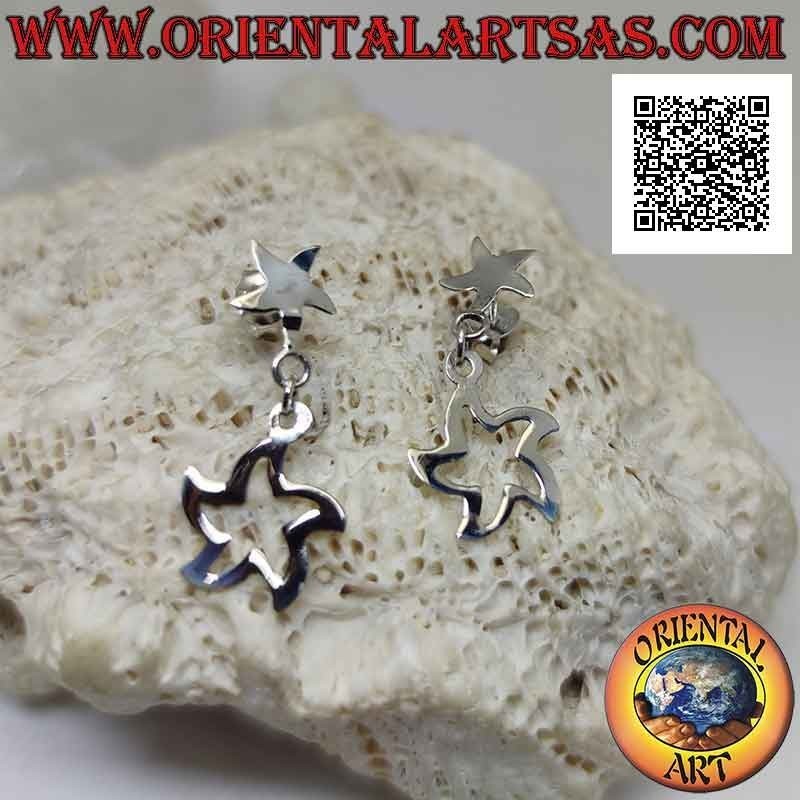 Orecchini in argento stella curva liscia piatta a lobo con contorno di stella pendente