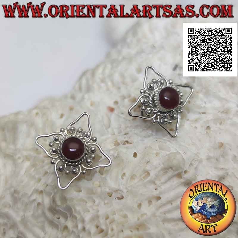 Silver lobe earrings, four-petal openwork flower with central cabochon round carnelian