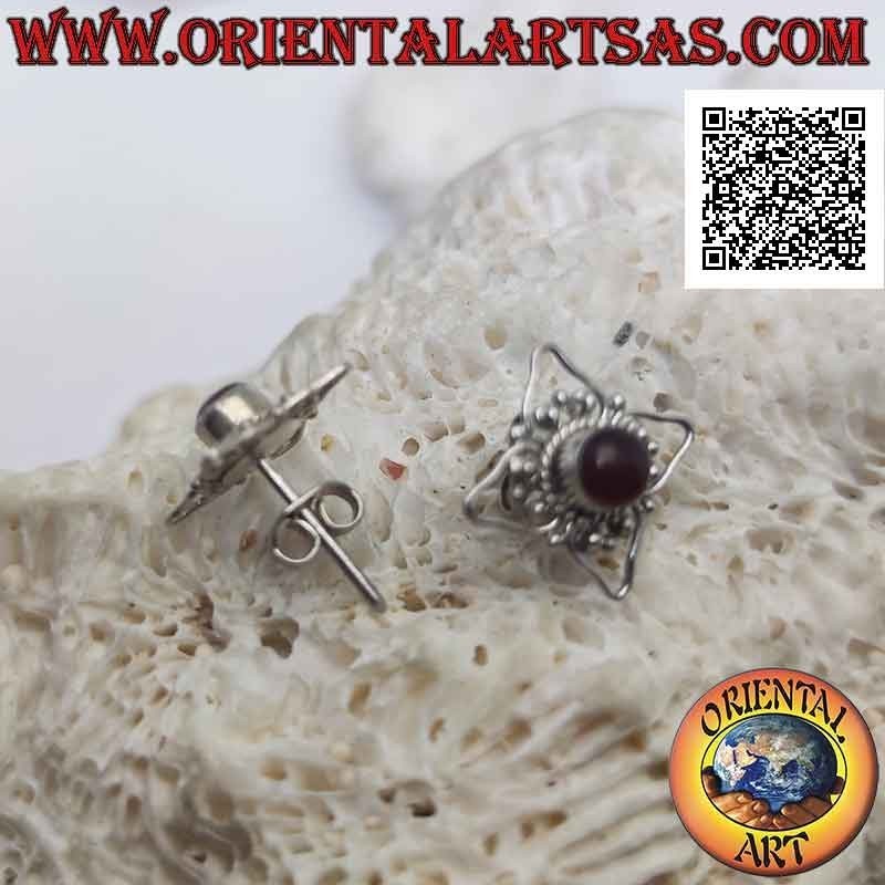 Silver lobe earrings, four-petal openwork flower with central cabochon round carnelian