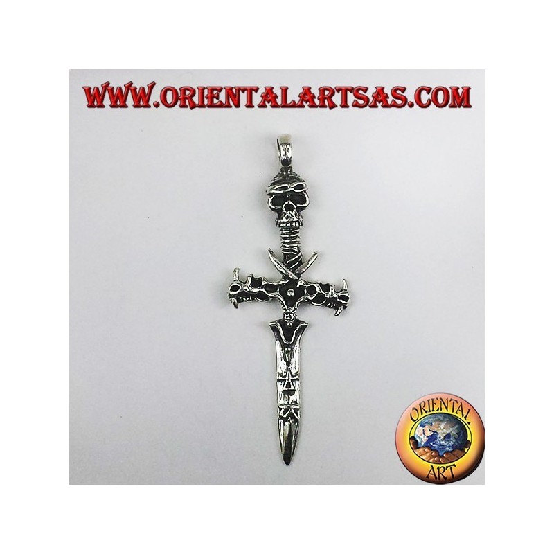silver pendant, sword with skull