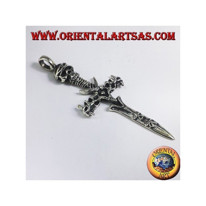 silver pendant, sword with skull