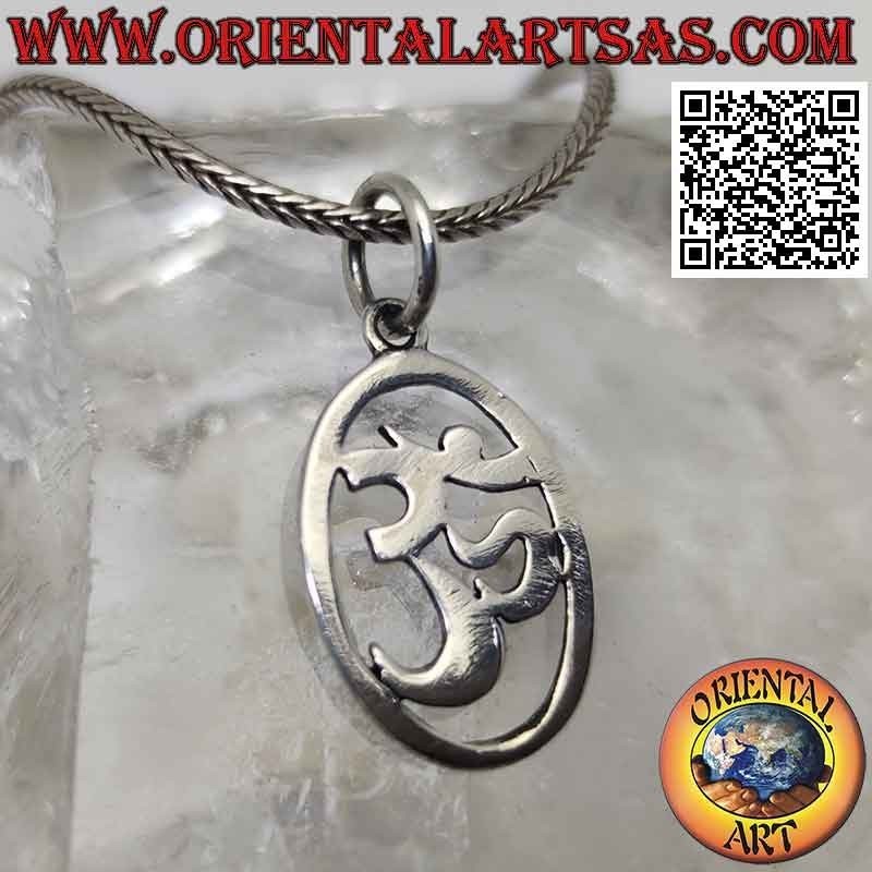 Silver pendant, Hindu mantra ॐ om in the smooth and flat oval