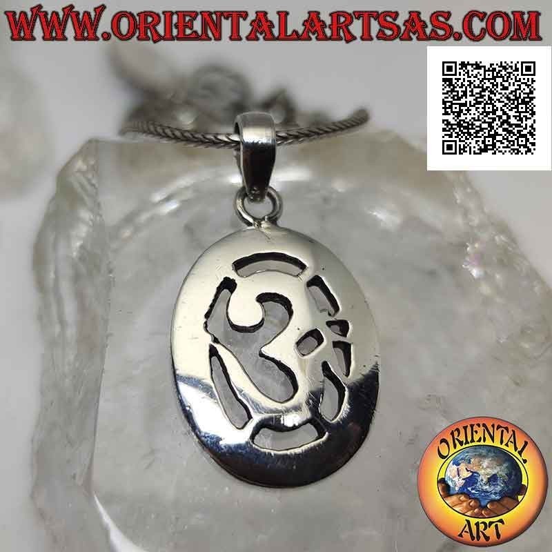 Ciondolo in argento, mantra induista ॐ om nell'ovale liscio, grande e spesso