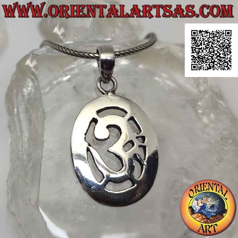 Silver pendant, Hindu mantra ॐ om in smooth, large and thick oval