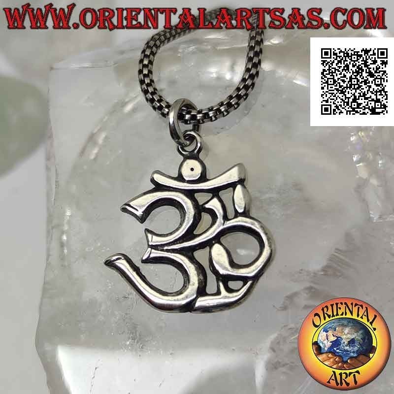Sterling silver pendant in the shape of a Hindu mantra ॐ om smooth and flat 22 mm
