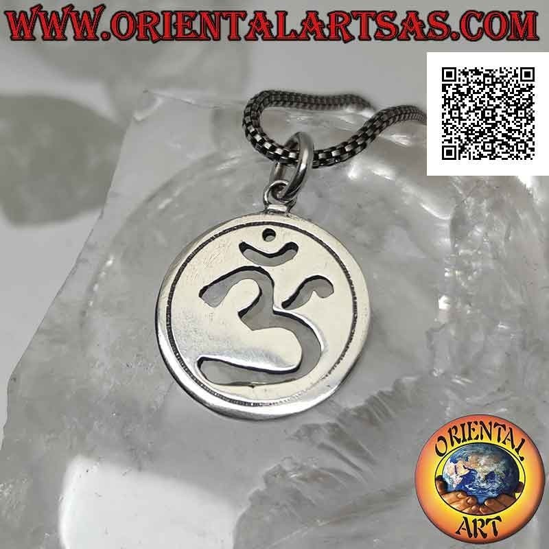 Silver pendant, large round medal with openwork Hindu mantra ॐ om