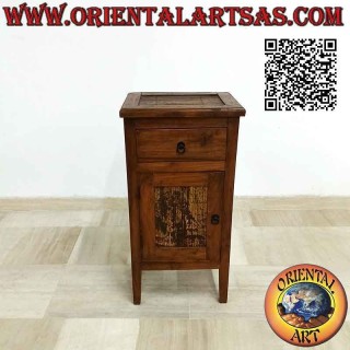 Bedside table with drawer and two-shelf door in teak wood and bamboo