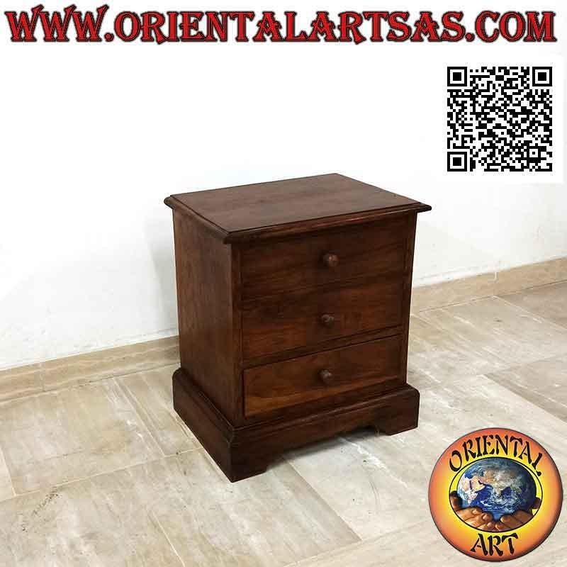 Low bedside table with three drawers in teak wood