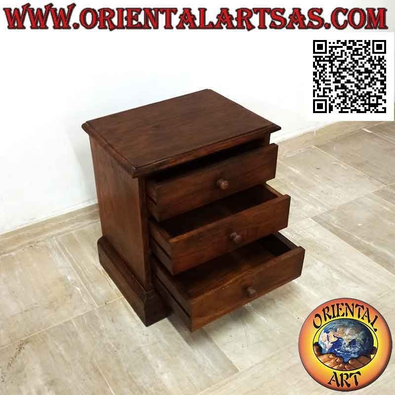 Low bedside table with three drawers in teak wood