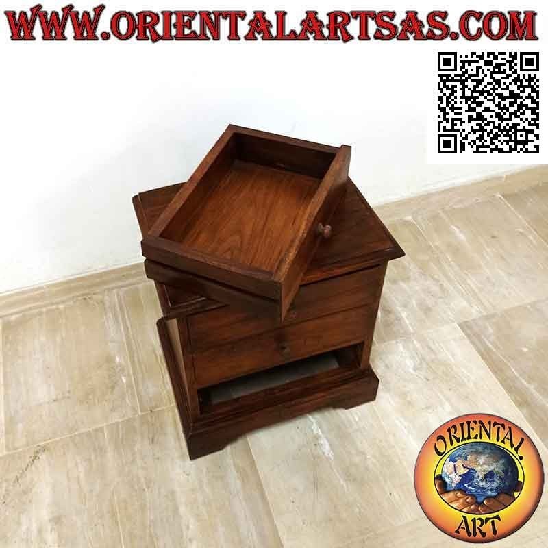 Low bedside table with three drawers in teak wood