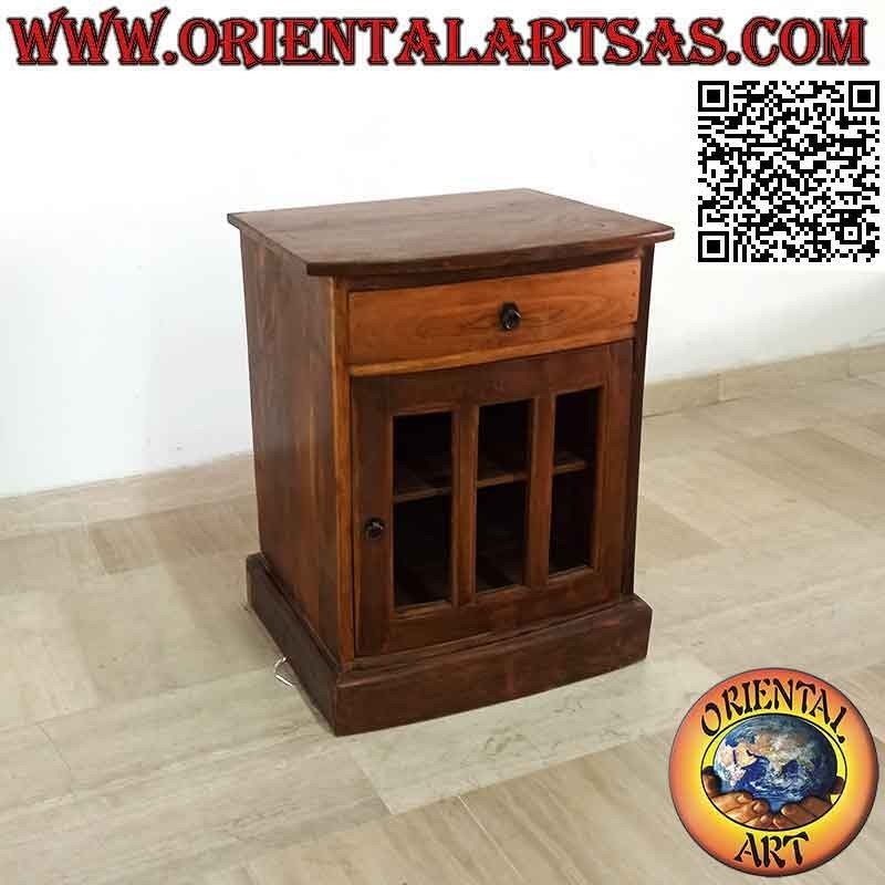 Bedside table with drawer and three-glass door and two shelves in teak wood