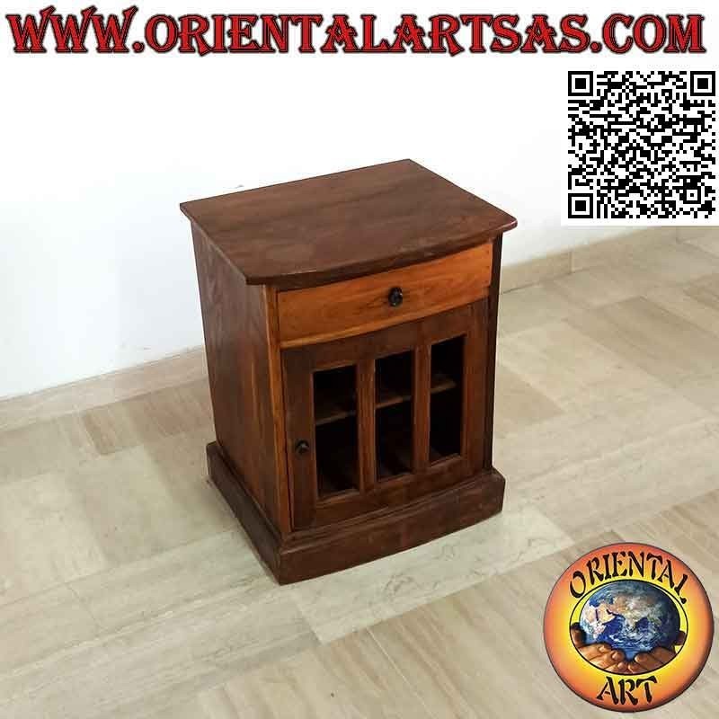 Bedside table with drawer and three-glass door and two shelves in teak wood
