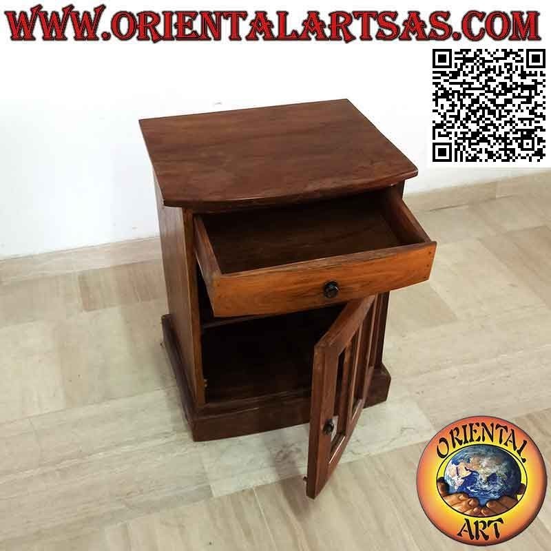 Bedside table with drawer and three-glass door and two shelves in teak wood