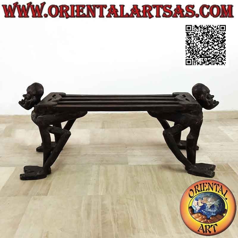 Two-seater bench with sculptures of primitives in ethnic style in teak wood