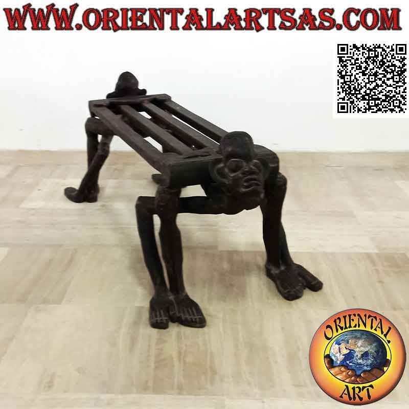 Two-seater bench with sculptures of primitives in ethnic style in teak wood