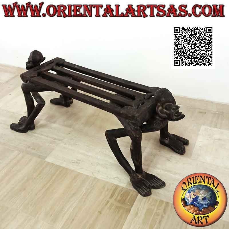 Two-seater bench with sculptures of primitives in ethnic style in teak wood