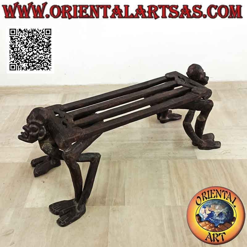 Panca a due posti con sculture di primitivi in stile etnico in legno di teak