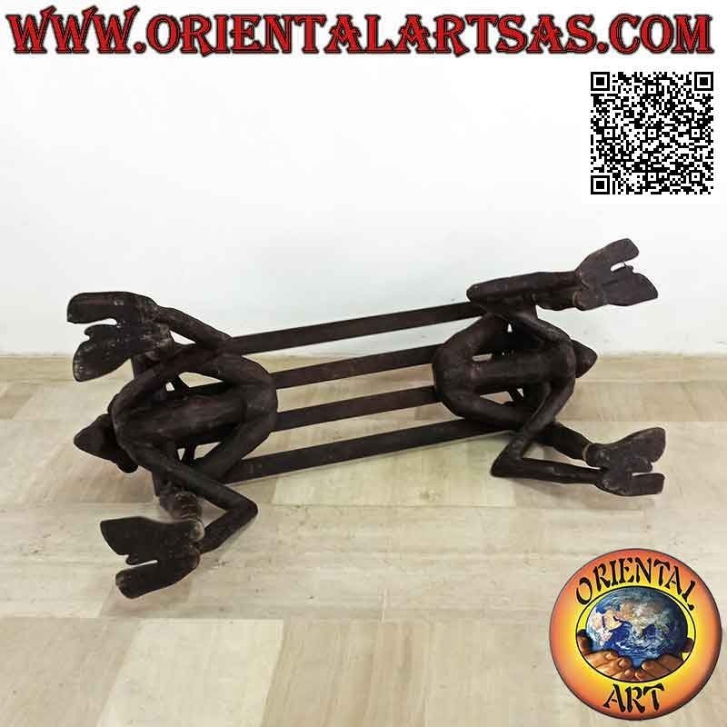 Panca a due posti con sculture di primitivi in stile etnico in legno di teak