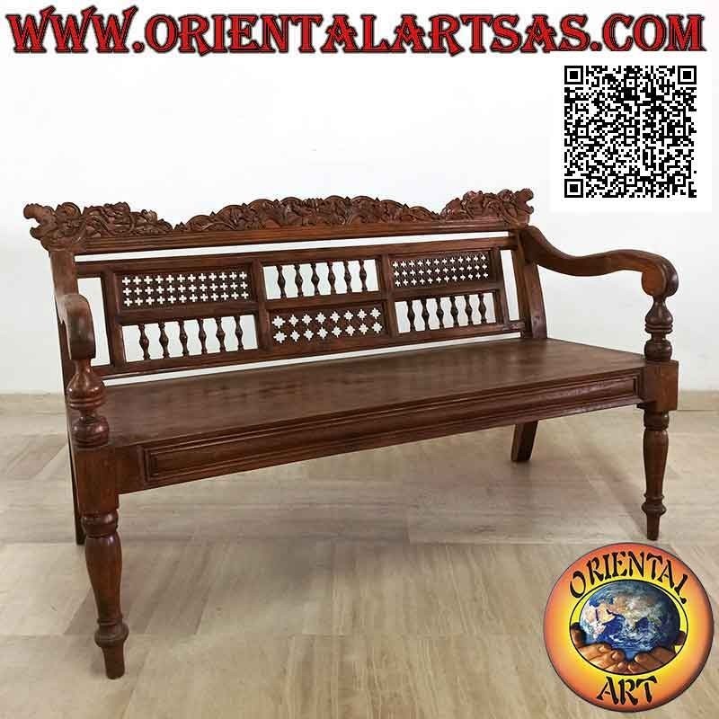 Three-seater bench with decoration of hand-carved dragons and squares of columns and tracery in teak wood