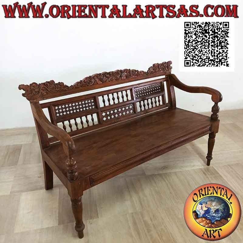 Three-seater bench with decoration of hand-carved dragons and squares of columns and tracery in teak wood