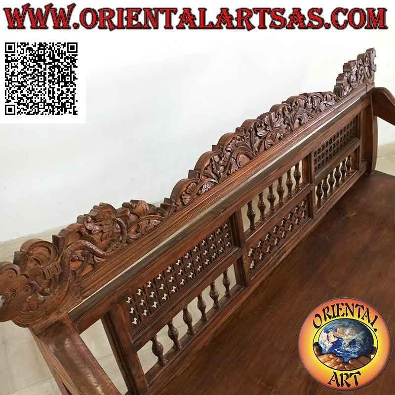 Three-seater bench with decoration of hand-carved dragons and squares of columns and tracery in teak wood
