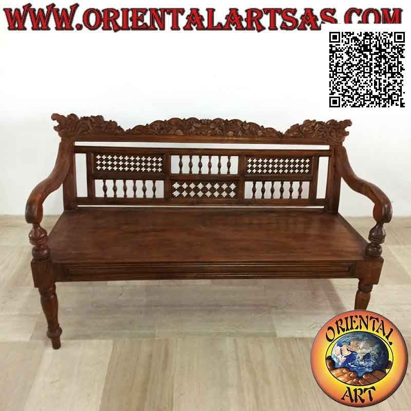 Three-seater bench with decoration of hand-carved dragons and squares of columns and tracery in teak wood