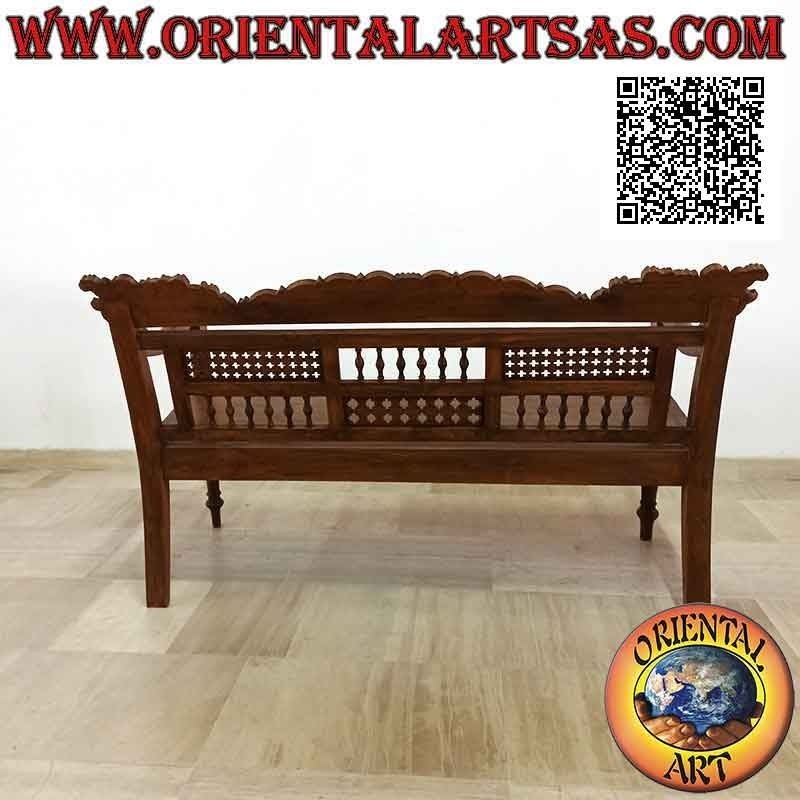 Three-seater bench with decoration of hand-carved dragons and squares of columns and tracery in teak wood