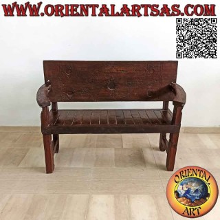 Solid two-seater bench with hand-carved floral decoration in antique teak wood (Burma)