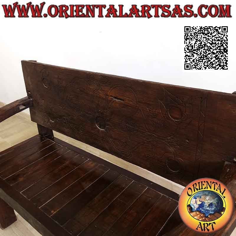 Solid two-seater bench with hand-carved floral decoration in antique teak wood (Burma)