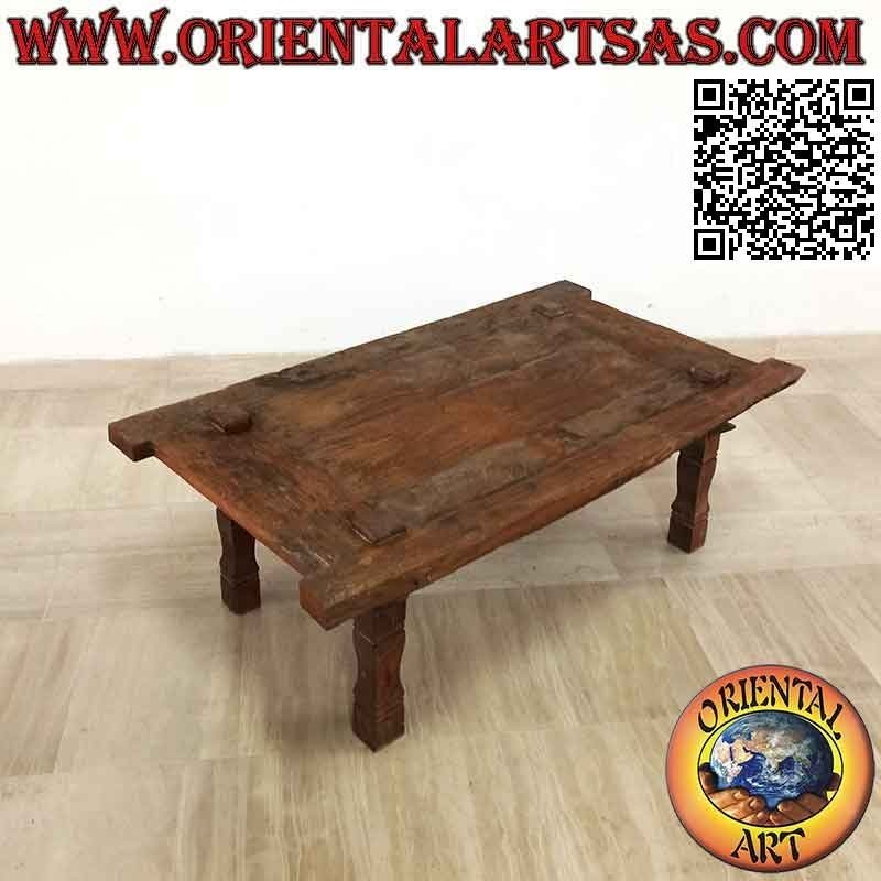 Tavolo antico basso da salotto primitivo in legno antico di teak