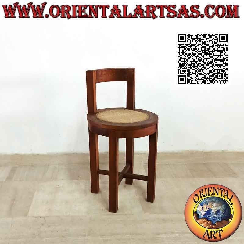 Round stool with low back in teak wood and Vienna straw